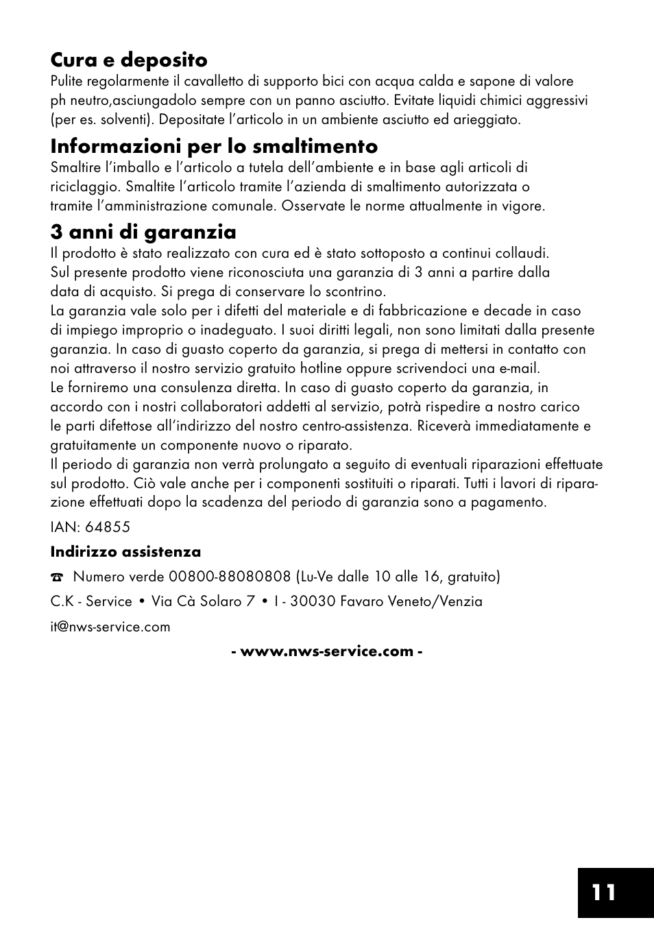 11 cura e deposito, Informazioni per lo smaltimento, 3 anni di garanzia | Crivit FM-1401 User Manual | Page 11 / 24