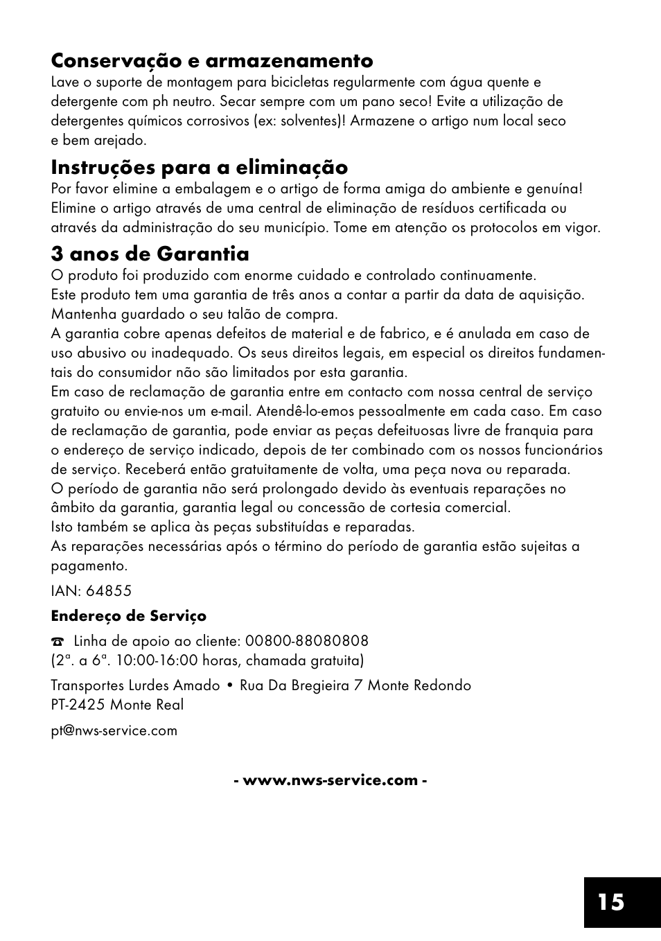 15 conservação e armazenamento, Instruções para a eliminação, 3 anos de garantia | Crivit FM-1401 User Manual | Page 15 / 24