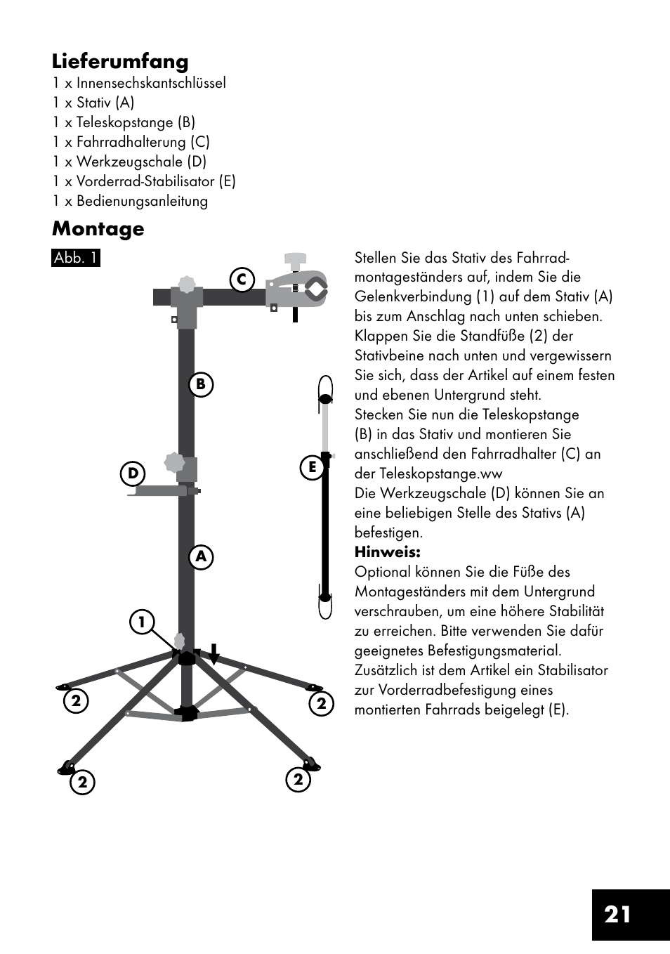 21 lieferumfang, Montage | Crivit FM-1401 User Manual | Page 21 / 24