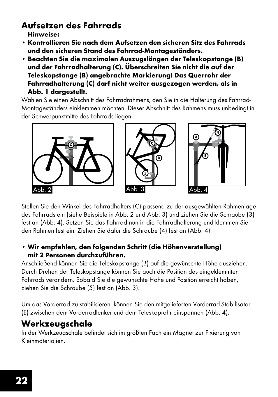 22 aufsetzen des fahrrads, Werkzeugschale | Crivit FM-1401 User Manual | Page 22 / 24