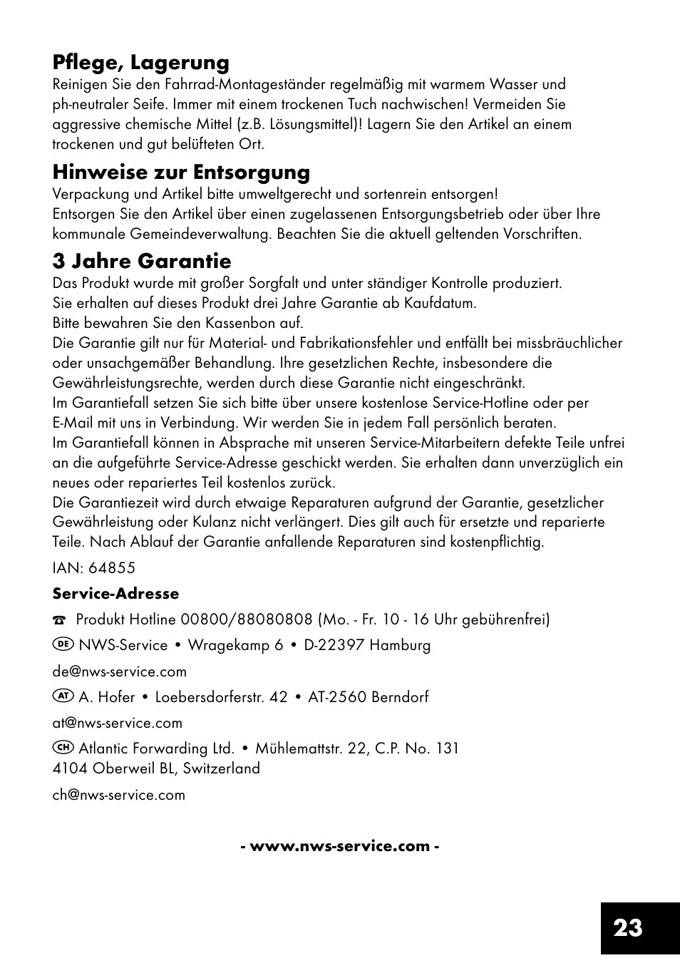 23 pflege, lagerung, Hinweise zur entsorgung, 3 jahre garantie | Crivit FM-1401 User Manual | Page 23 / 24
