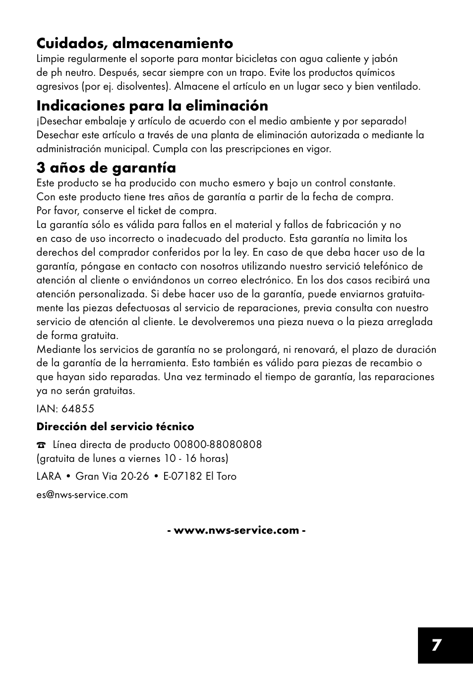 7cuidados, almacenamiento, Indicaciones para la eliminación, 3 años de garantía | Crivit FM-1401 User Manual | Page 7 / 24