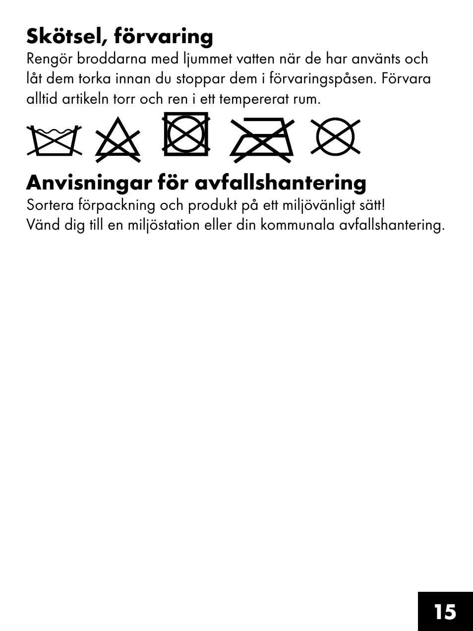 15 skötsel, förvaring, Anvisningar för avfallshantering | Crivit FS-1425 User Manual | Page 15 / 20