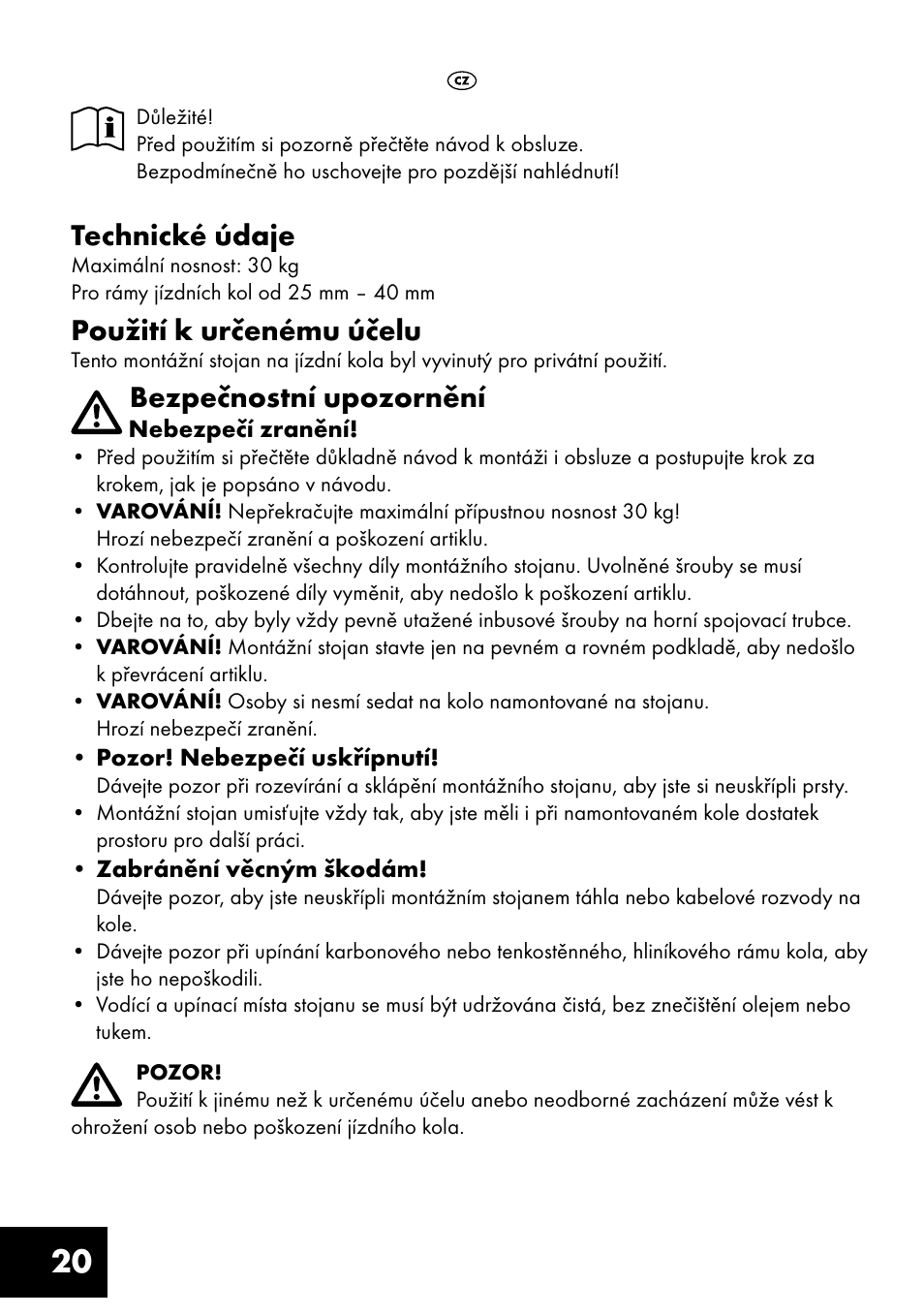 Technické údaje, Použití k určenému účelu, Bezpečnostní upozornění | Crivit FM-1401 User Manual | Page 20 / 28