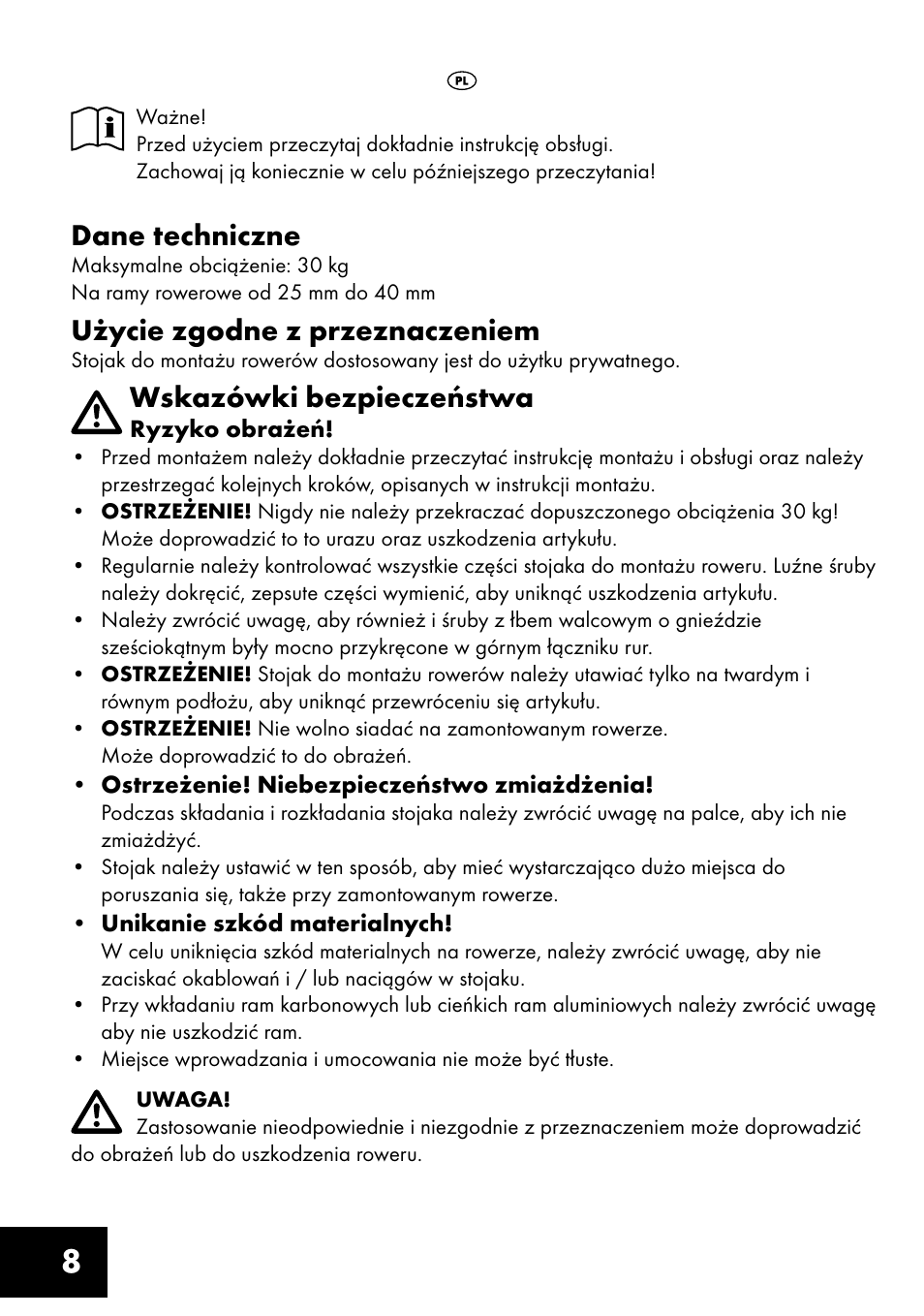 Dane techniczne, Użycie zgodne z przeznaczeniem, Wskazówki bezpieczeństwa | Crivit FM-1401 User Manual | Page 8 / 28