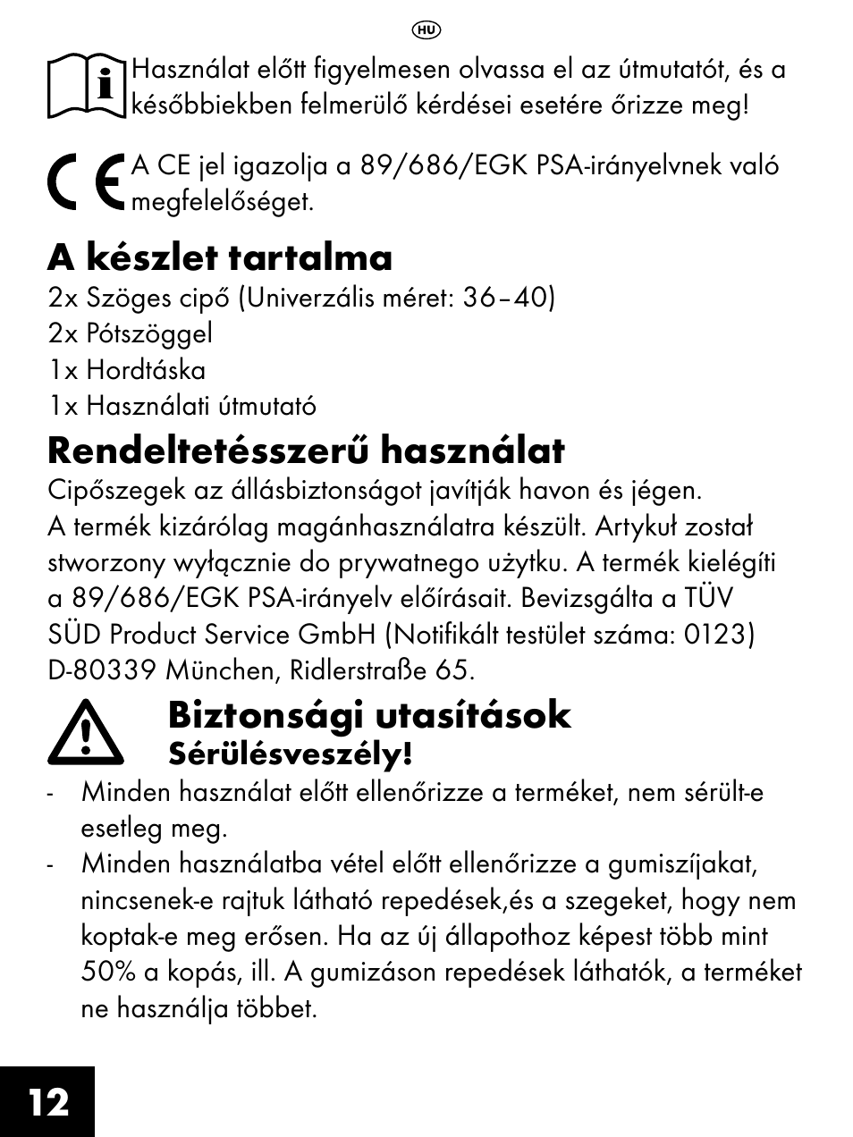 A készlet tartalma, Rendeltetésszerű használat, Biztonsági utasítások | Crivit FS-1425 User Manual | Page 12 / 32
