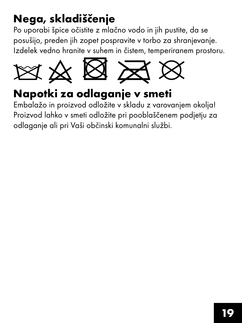 19 nega, skladiščenje, Napotki za odlaganje v smeti | Crivit FS-1425 User Manual | Page 19 / 32