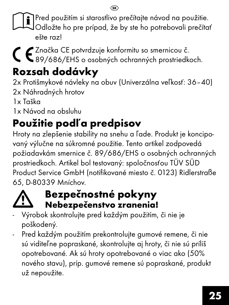 Rozsah dodávky, Použitie podľa predpisov, Bezpečnostné pokyny | Crivit FS-1425 User Manual | Page 25 / 32