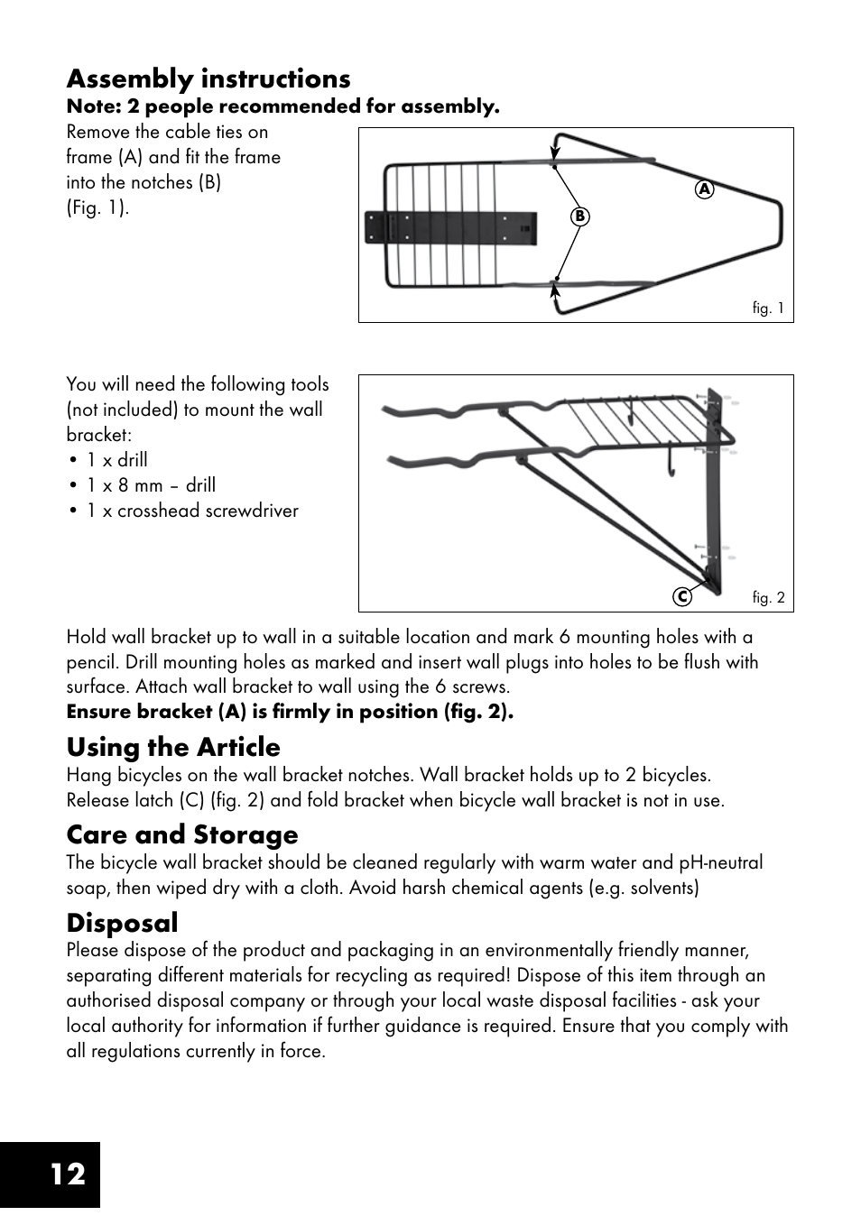 12 assembly instructions, Using the article, Care and storage | Disposal | Crivit FW-1399 User Manual | Page 12 / 20