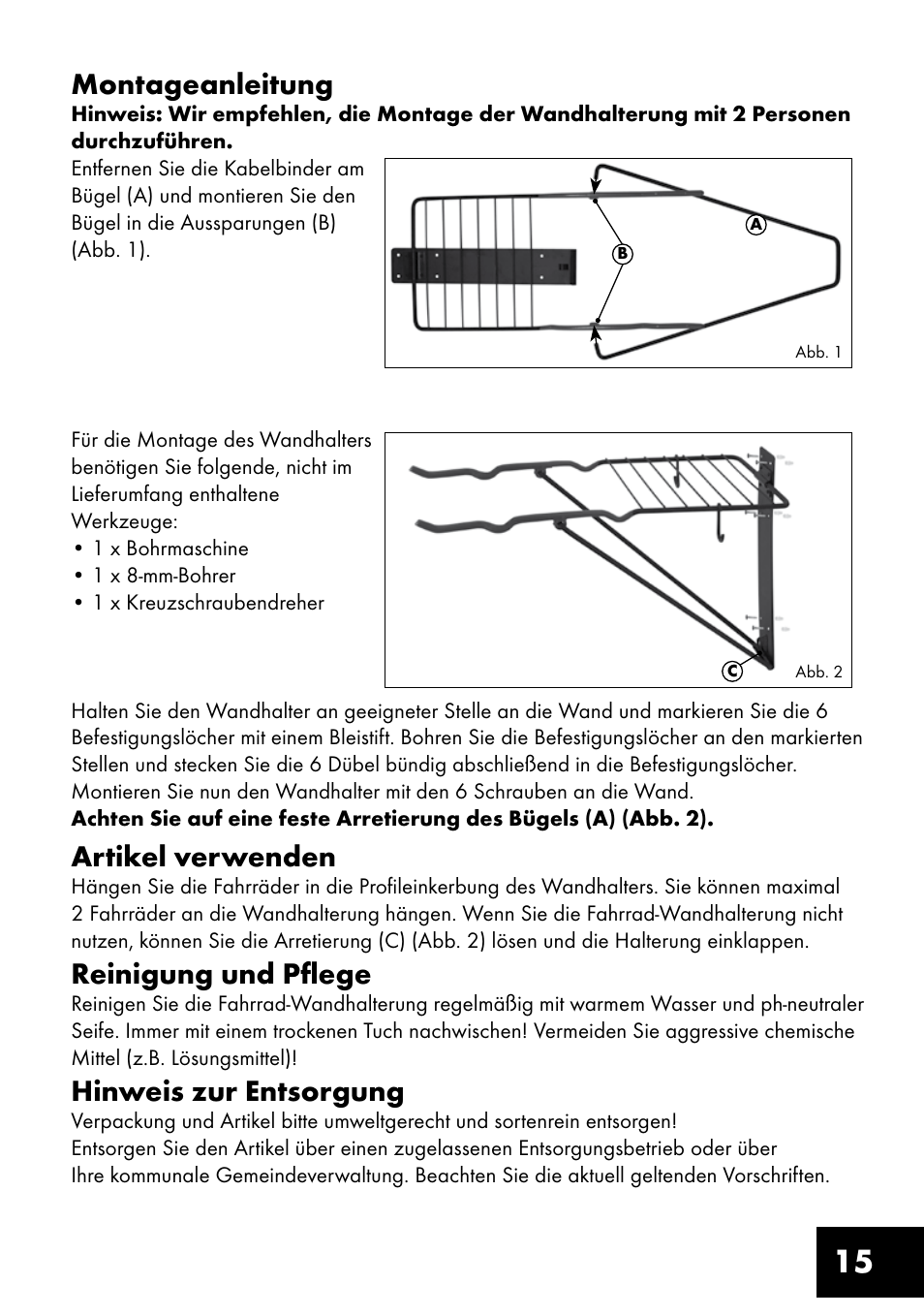 15 montageanleitung, Artikel verwenden, Reinigung und pflege | Hinweis zur entsorgung | Crivit FW-1399 User Manual | Page 15 / 20