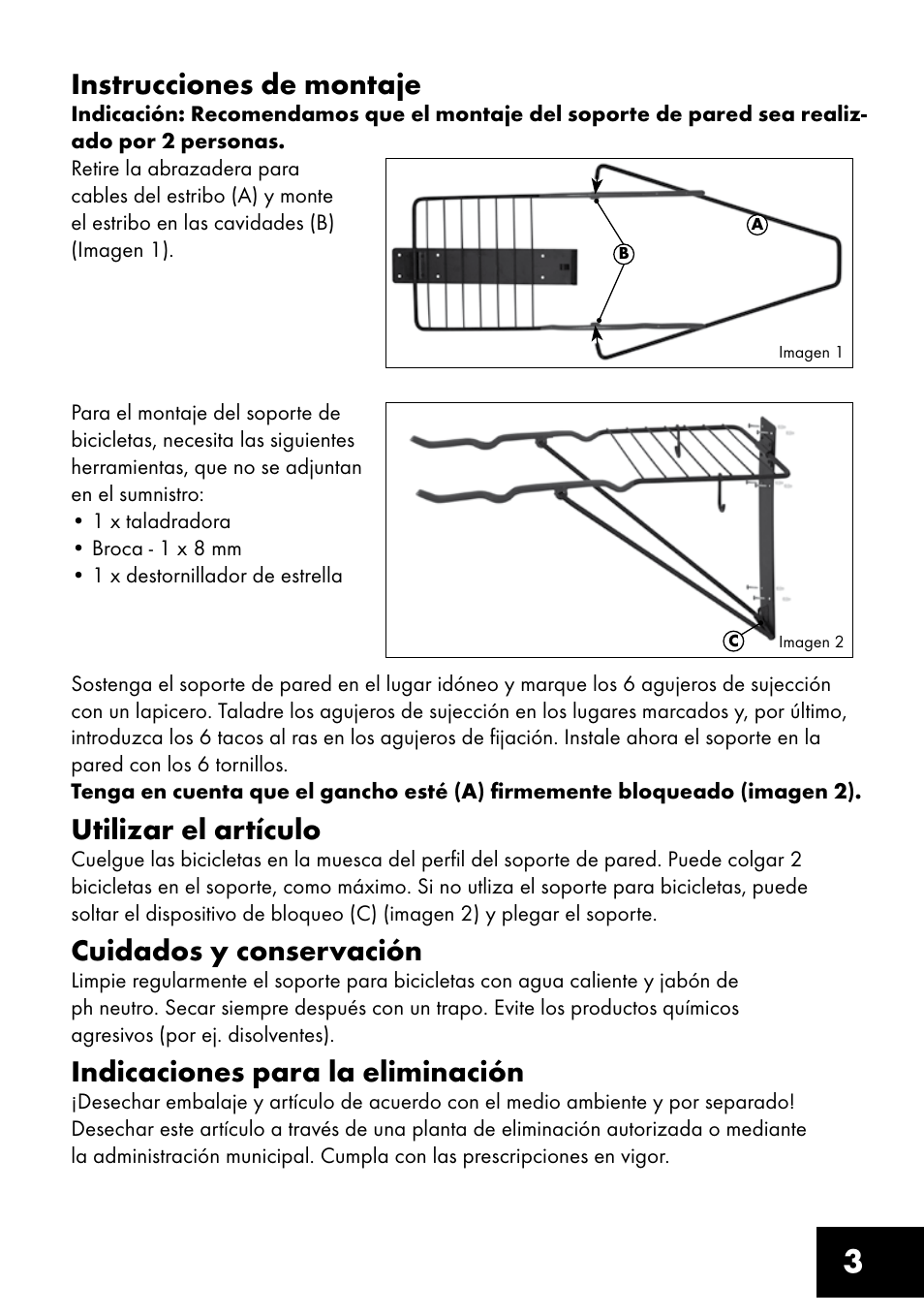 3instrucciones de montaje, Utilizar el artículo, Cuidados y conservación | Indicaciones para la eliminación | Crivit FW-1399 User Manual | Page 3 / 20