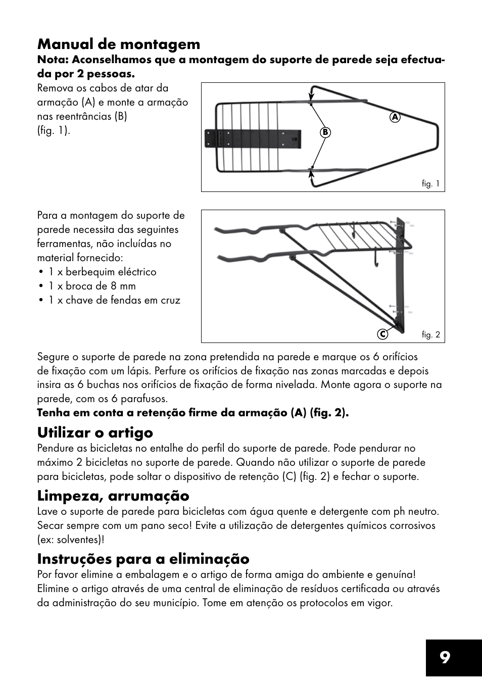 9manual de montagem, Utilizar o artigo, Limpeza, arrumação | Instruções para a eliminação | Crivit FW-1399 User Manual | Page 9 / 20