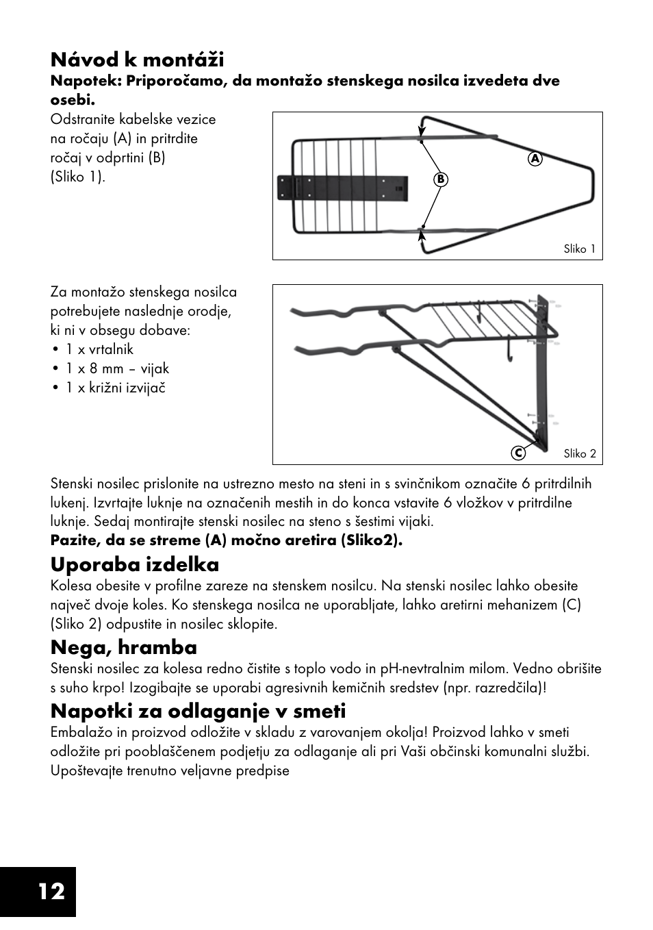 12 návod k montáži, Uporaba izdelka, Nega, hramba | Napotki za odlaganje v smeti | Crivit FW-1399 User Manual | Page 12 / 24