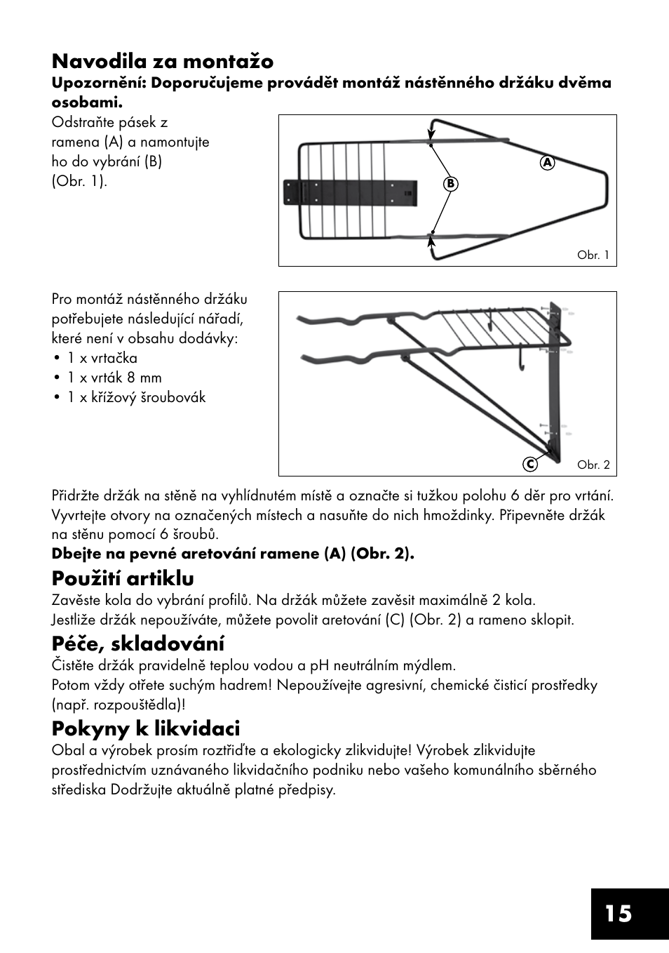 15 navodila za montažo, Použití artiklu, Péče, skladování | Pokyny k likvidaci | Crivit FW-1399 User Manual | Page 15 / 24