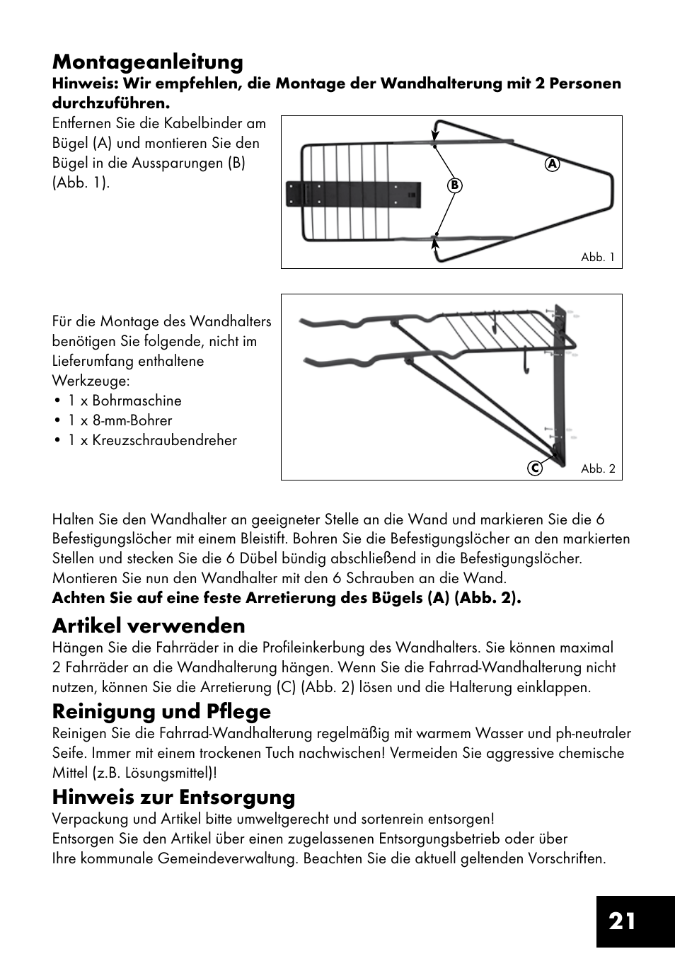 21 montageanleitung, Artikel verwenden, Reinigung und pflege | Hinweis zur entsorgung | Crivit FW-1399 User Manual | Page 21 / 24