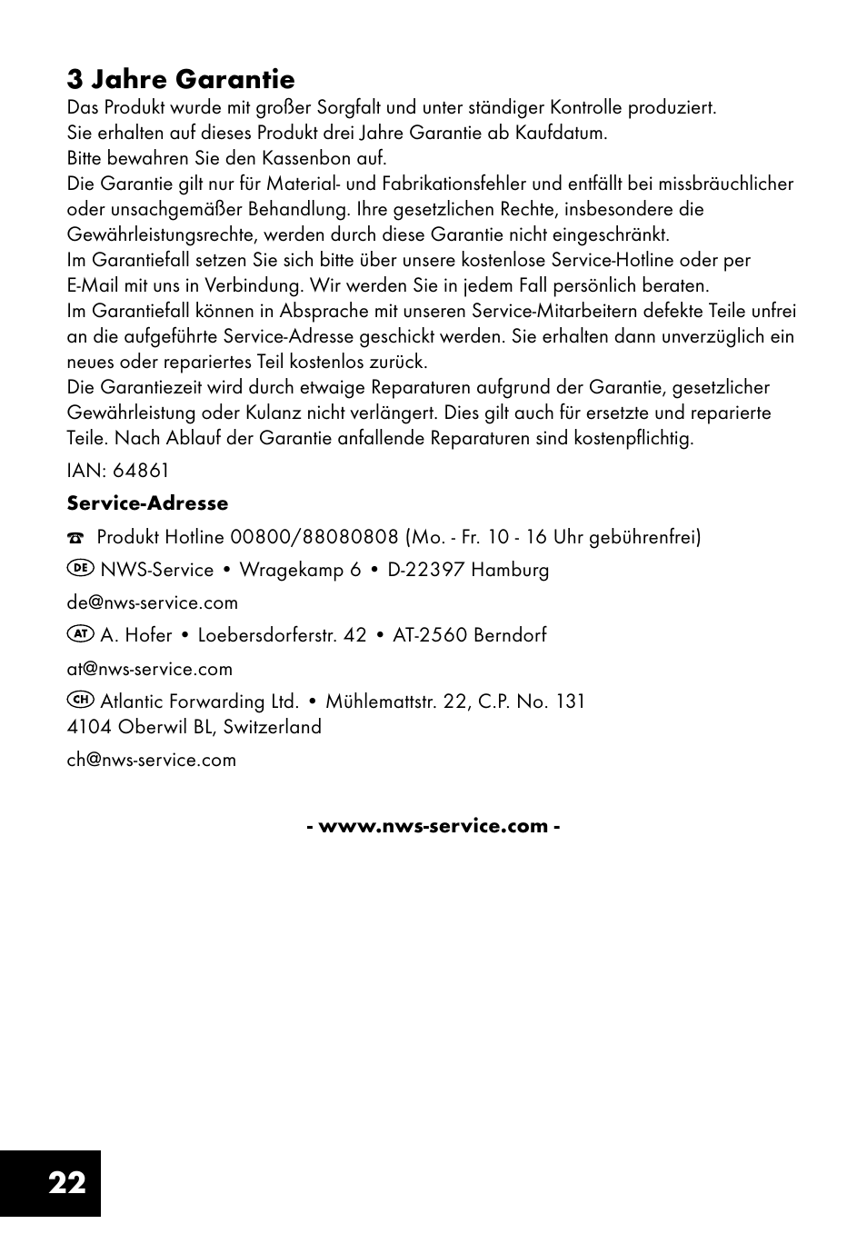 22 3 jahre garantie | Crivit FW-1399 User Manual | Page 22 / 24