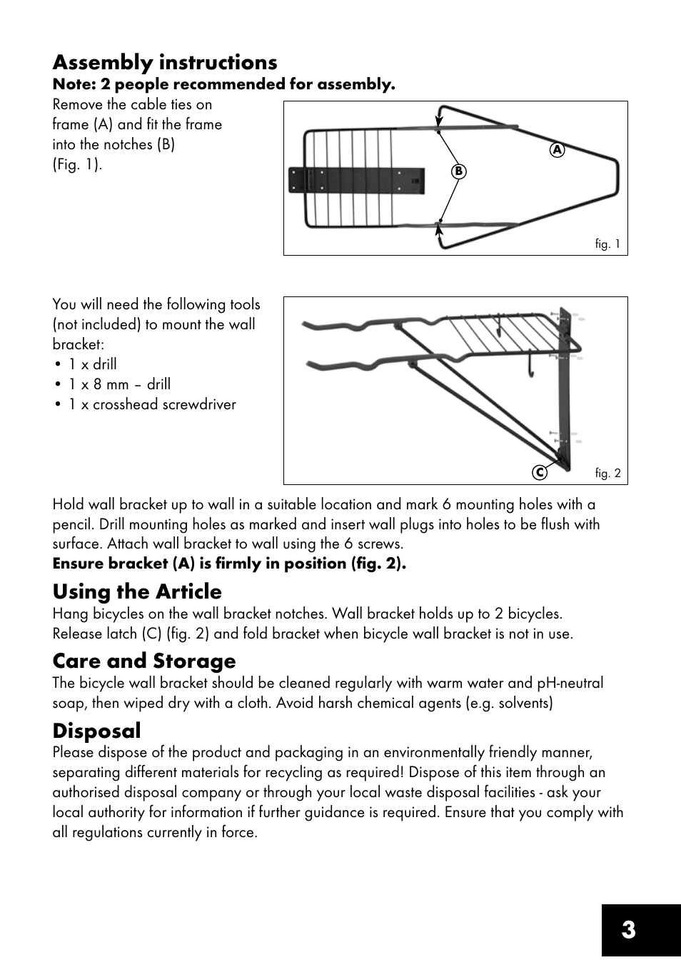 3assembly instructions, Using the article, Care and storage | Disposal | Crivit FW-1399 User Manual | Page 3 / 24