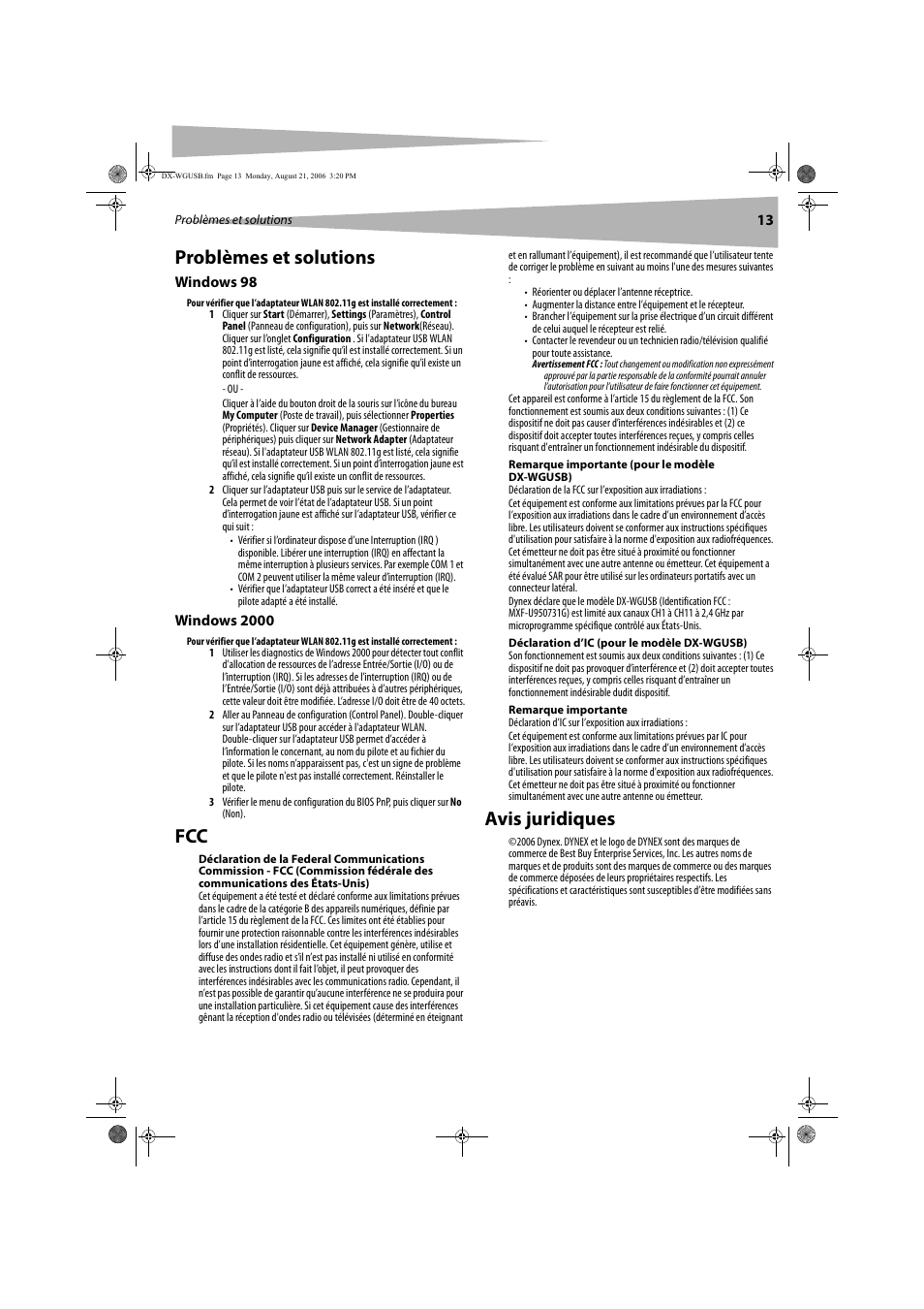 Problèmes et solutions, Avis juridiques | Dynex DX-WGUSB User Manual | Page 13 / 20