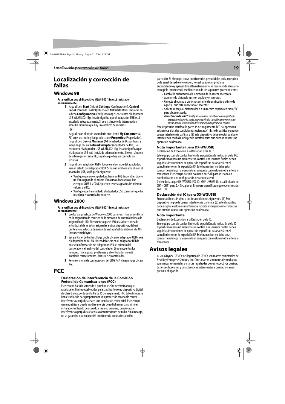 Localización y corrección de fallas, Avisos legales | Dynex DX-WGUSB User Manual | Page 19 / 20