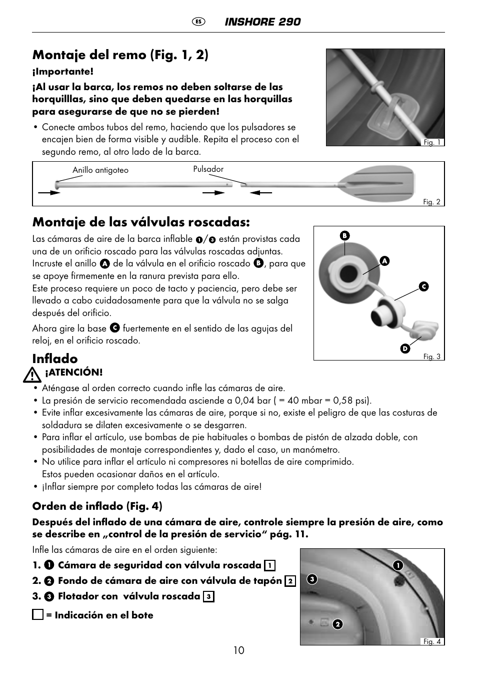 Montaje del remo (fig. 1, 2), Montaje de las válvulas roscadas, Inflado | Crivit 6-13 User Manual | Page 10 / 51