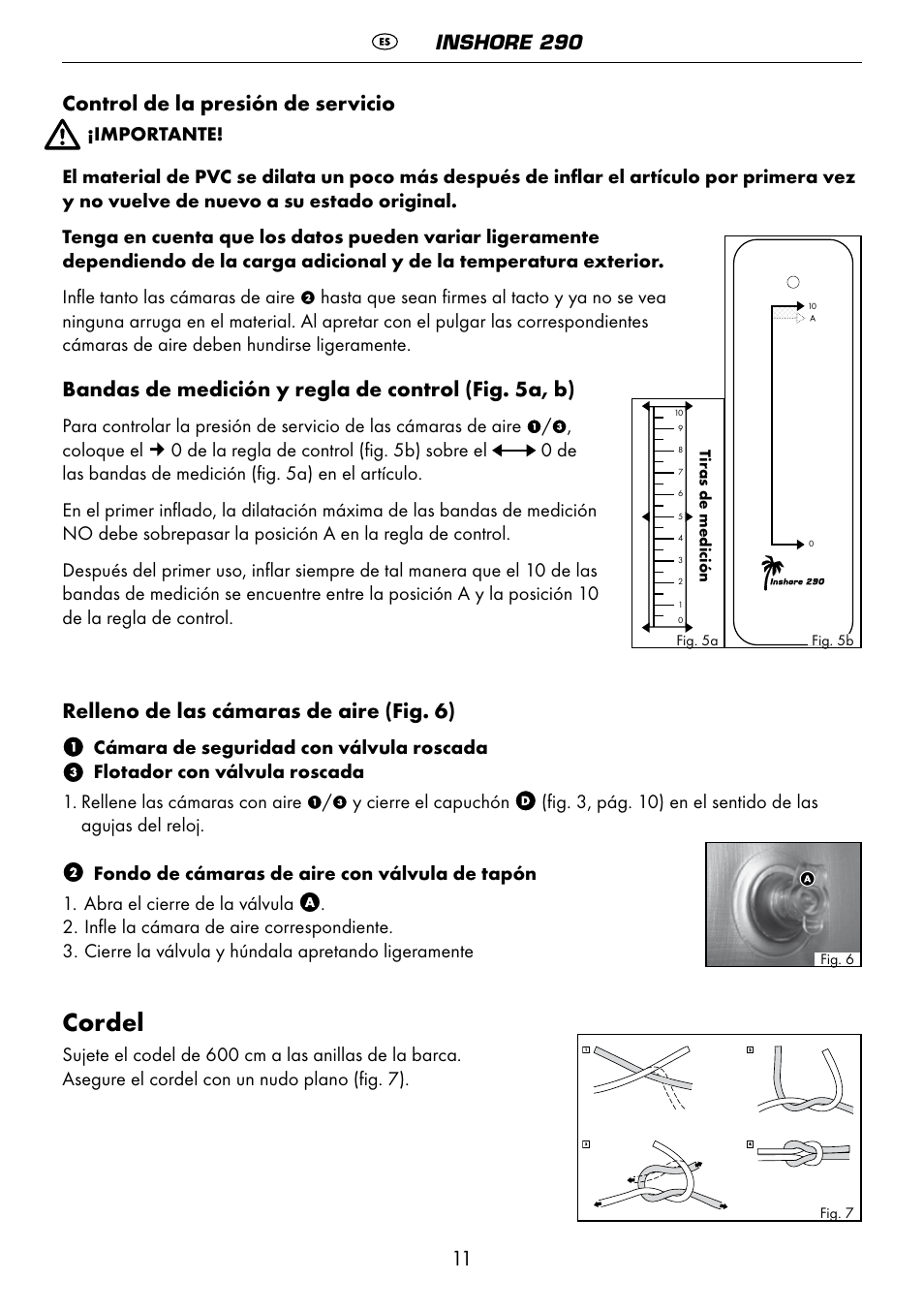 Cordel, 11 control de la presión de servicio, Bandas de medición y regla de control (fig. 5a, b) | Relleno de las cámaras de aire (fig. 6) | Crivit 6-13 User Manual | Page 11 / 51