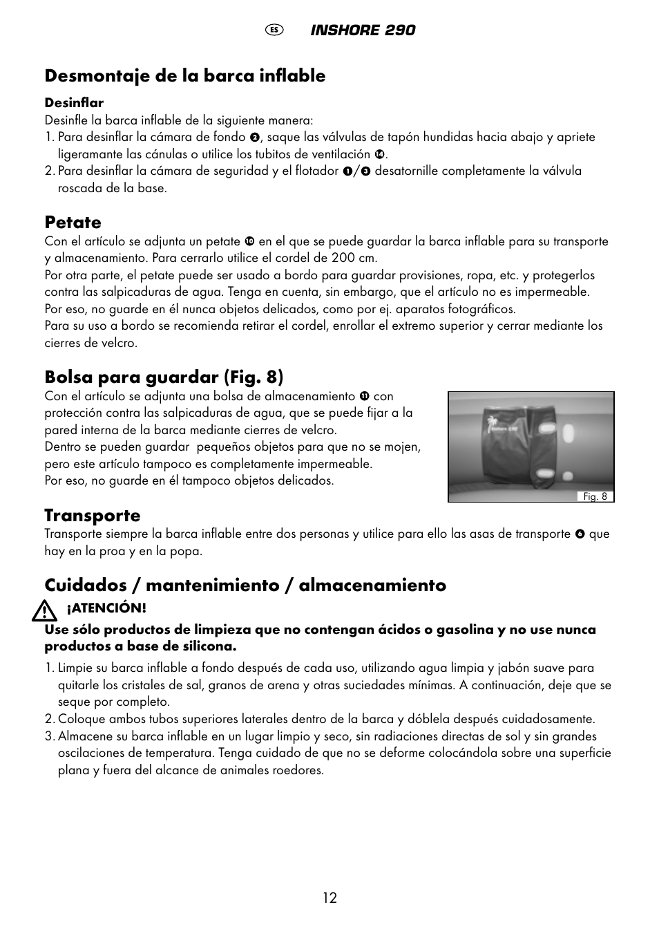 Desmontaje de la barca inflable, Petate, Bolsa para guardar (fig. 8) | Transporte, Cuidados / mantenimiento / almacenamiento | Crivit 6-13 User Manual | Page 12 / 51