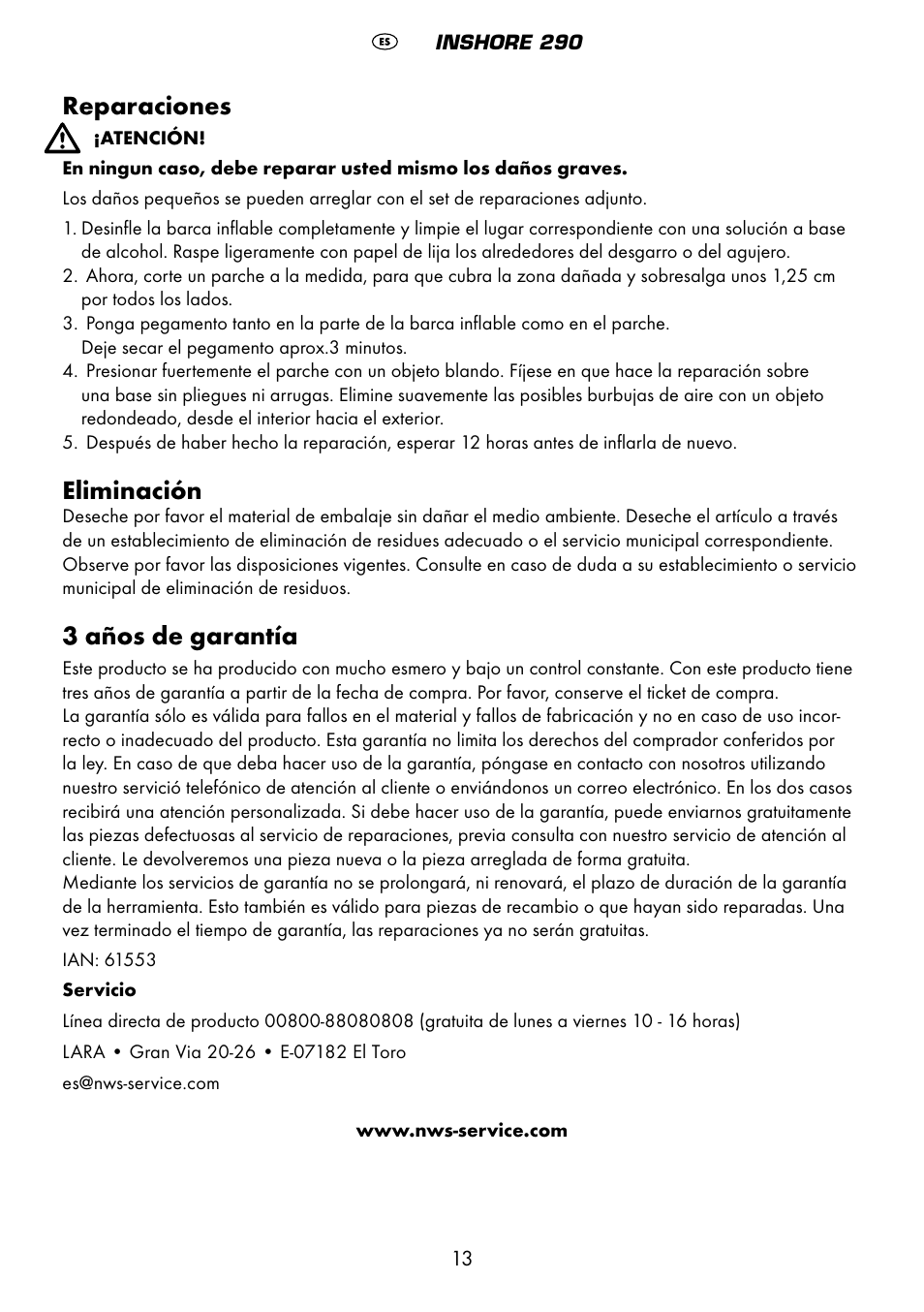 Reparaciones, Eliminación, 3 años de garantía | Crivit 6-13 User Manual | Page 13 / 51