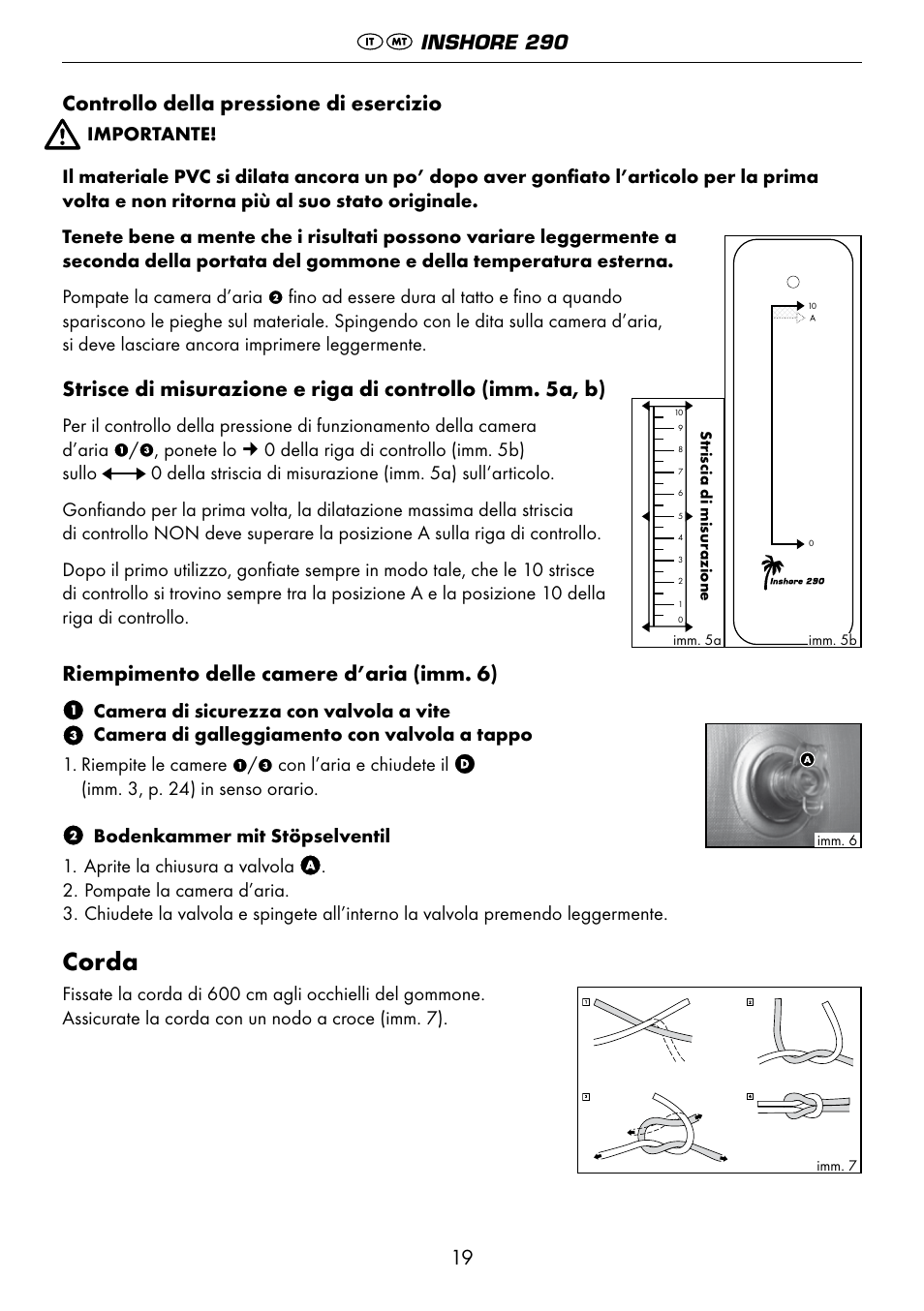 Corda, 19 controllo della pressione di esercizio, Riempimento delle camere d’aria (imm. 6) | Inshore 290 | Crivit 6-13 User Manual | Page 19 / 51