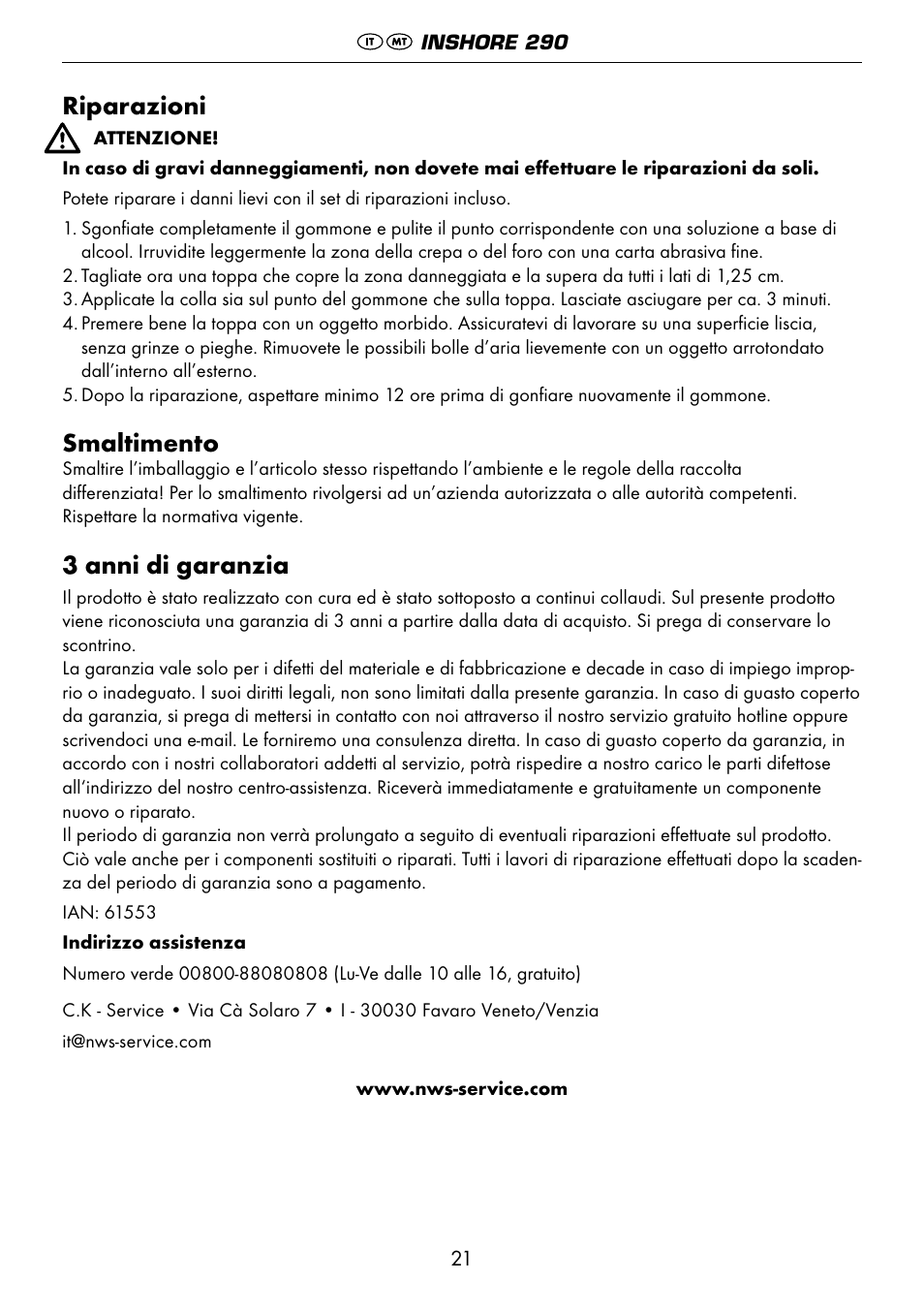 Riparazioni, Smaltimento, 3 anni di garanzia | Crivit 6-13 User Manual | Page 21 / 51