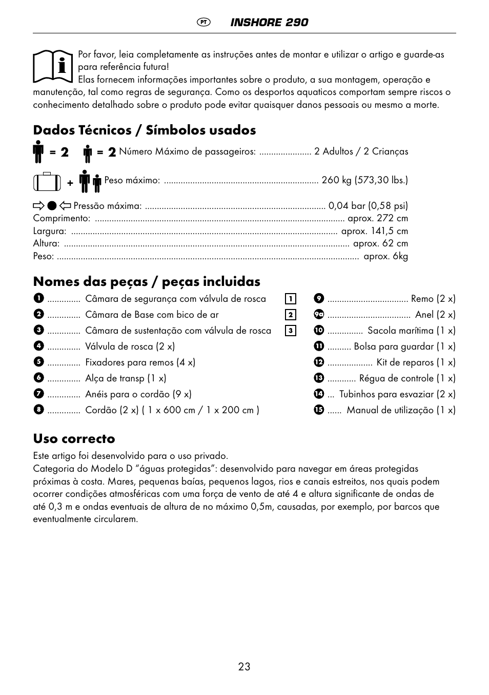 Dados técnicos / símbolos usados, Nomes das peças / peças incluidas, Uso correcto | Crivit 6-13 User Manual | Page 23 / 51