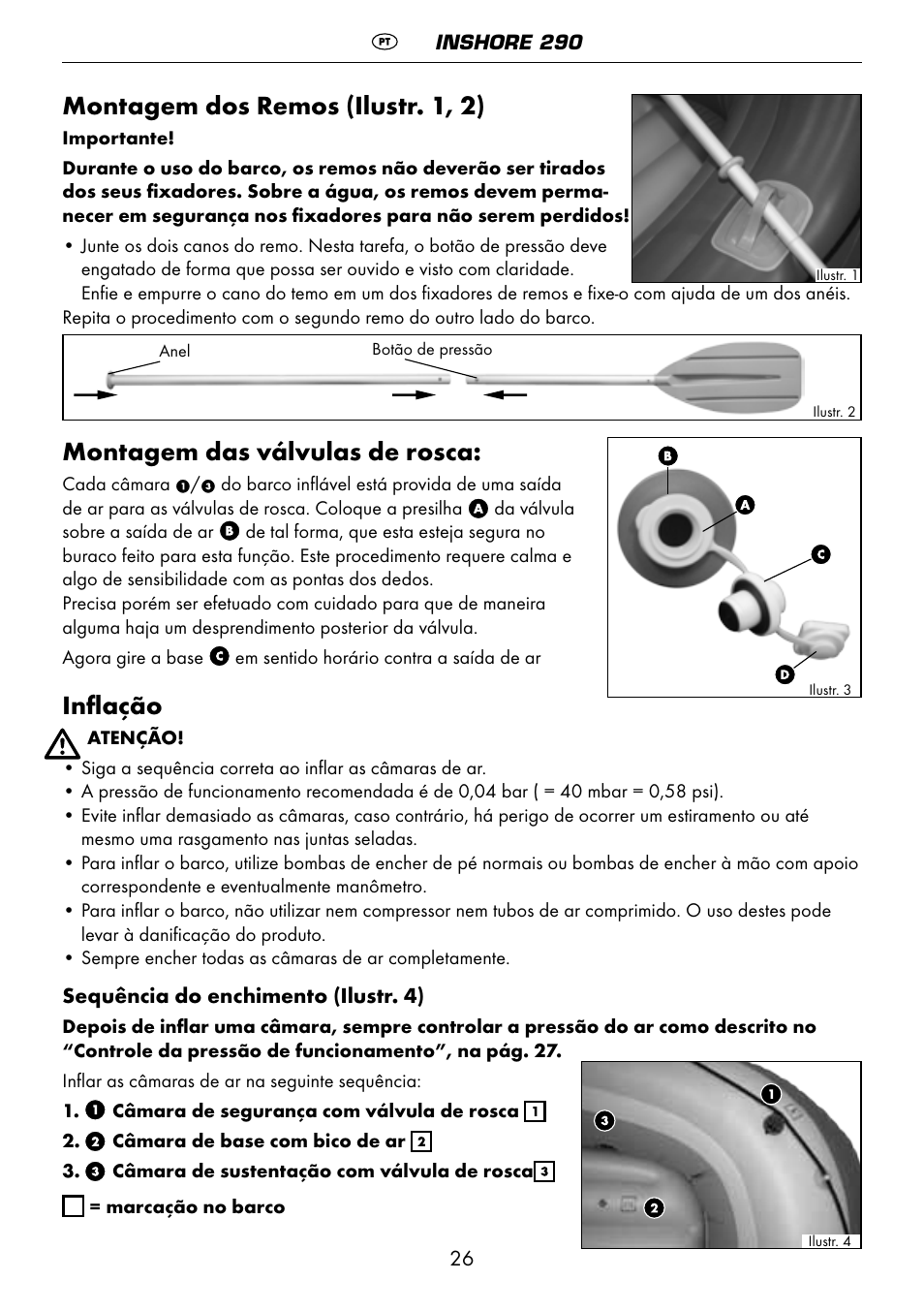 Montagem dos remos (ilustr. 1, 2), Montagem das válvulas de rosca, Inflação | Crivit 6-13 User Manual | Page 26 / 51