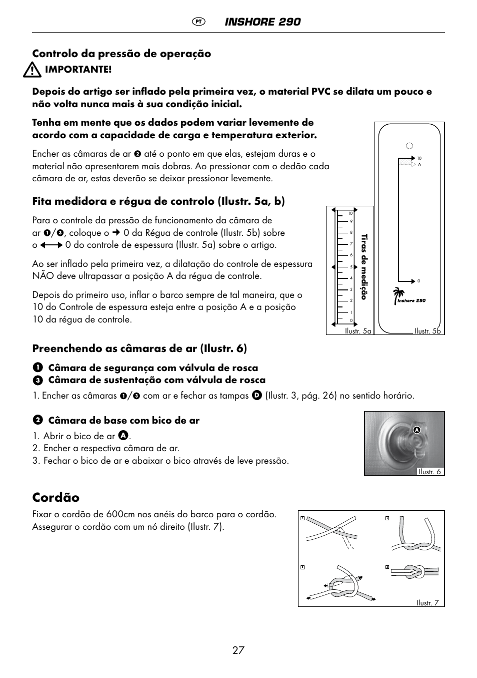 Cordão, 27 controlo da pressão de operação, Fita medidora e régua de controlo (ilustr. 5a, b) | Preenchendo as câmaras de ar (ilustr. 6), Inshore 290 | Crivit 6-13 User Manual | Page 27 / 51