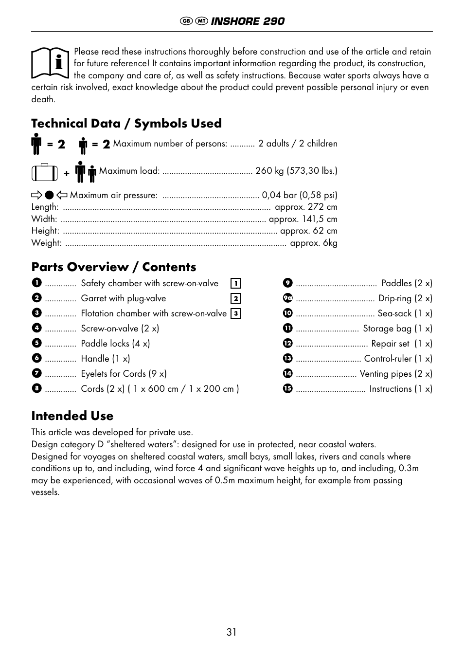 Technical data / symbols used, Parts overview / contents, Intended use | Crivit 6-13 User Manual | Page 31 / 51