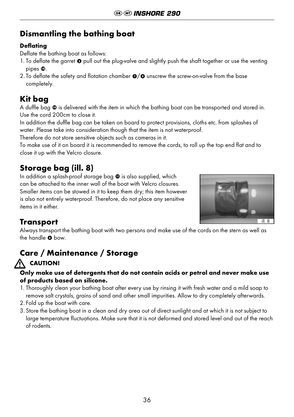 Dismantling the bathing boat, Kit bag, Storage bag (ill. 8) | Transport, Care / maintenance / storage | Crivit 6-13 User Manual | Page 36 / 51