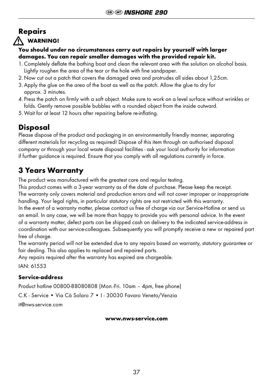 Repairs, Disposal, 3 years warranty | Crivit 6-13 User Manual | Page 37 / 51