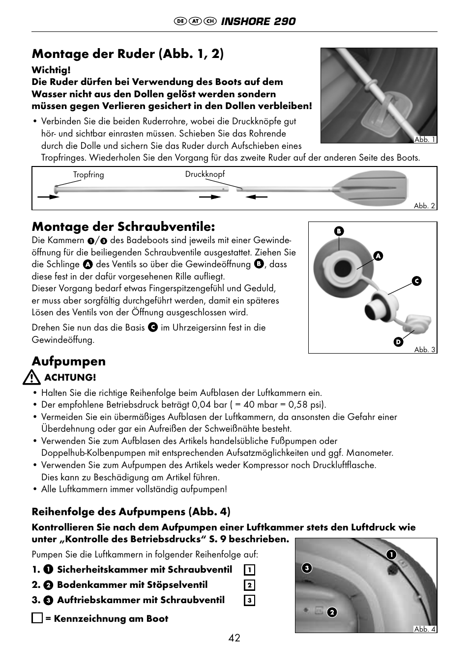 Montage der ruder (abb. 1, 2), Montage der schraubventile, Aufpumpen | Crivit 6-13 User Manual | Page 42 / 51