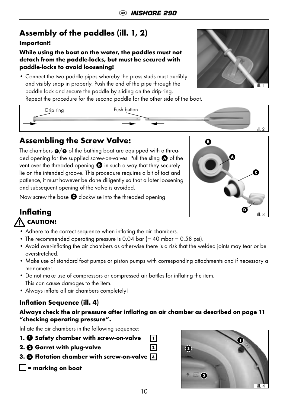 Assembly of the paddles (ill. 1, 2), Assembling the screw valve, Inflating | Crivit 6-13 User Manual | Page 10 / 64