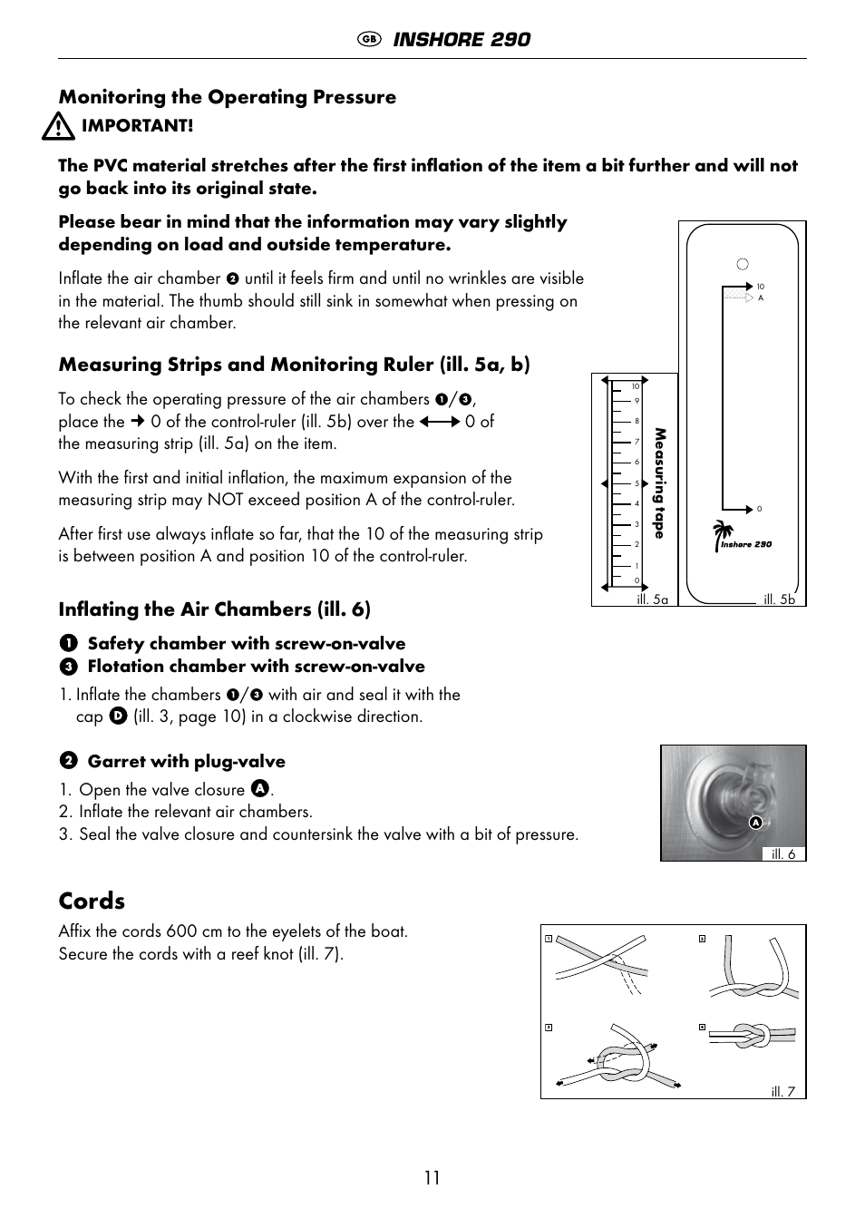 Cords, 11 monitoring the operating pressure, Measuring strips and monitoring ruler (ill. 5a, b) | Inflating the air chambers (ill. 6), Inshore 290 | Crivit 6-13 User Manual | Page 11 / 64