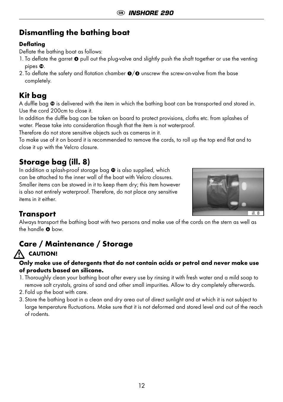 Dismantling the bathing boat, Kit bag, Storage bag (ill. 8) | Transport, Care / maintenance / storage | Crivit 6-13 User Manual | Page 12 / 64