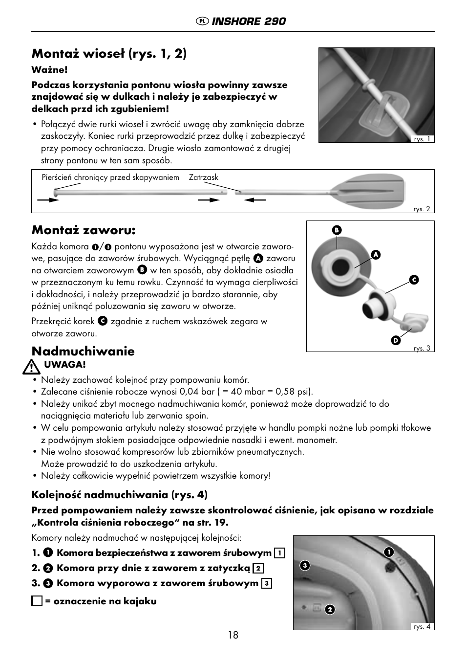 Montaż wioseł (rys. 1, 2), Montaż zaworu, Nadmuchiwanie | Crivit 6-13 User Manual | Page 18 / 64