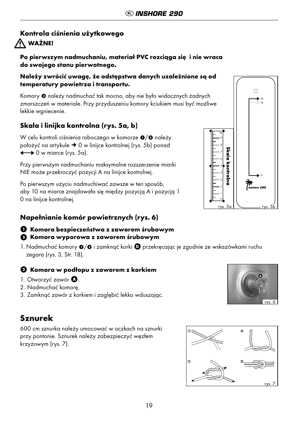 Sznurek, Kontrola ciśnienia użytkowego, Skala i linijka kontrolna (rys. 5a, b) | Napełnianie komór powietrznych (rys. 6), Inshore 290 | Crivit 6-13 User Manual | Page 19 / 64