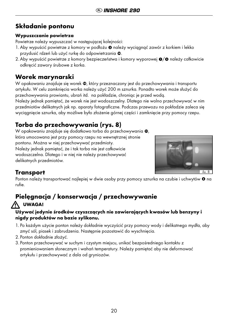 Składanie pontonu, Worek marynarski, Torba do przechowywania (rys. 8) | Transport, Pielęgnacja / konserwacja / przechowywanie | Crivit 6-13 User Manual | Page 20 / 64