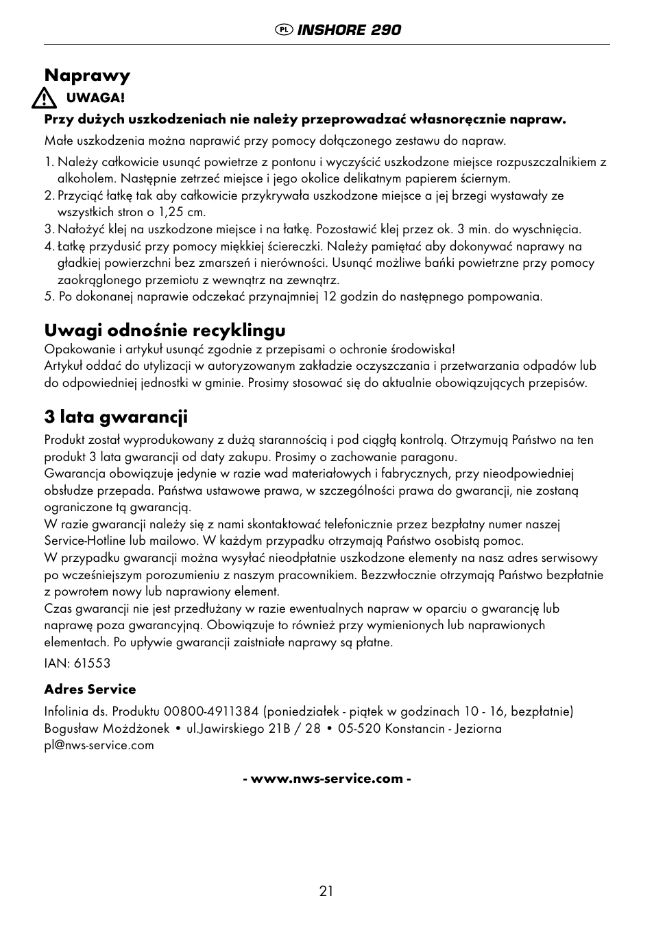 Naprawy, Uwagi odnośnie recyklingu, 3 lata gwarancji | Crivit 6-13 User Manual | Page 21 / 64