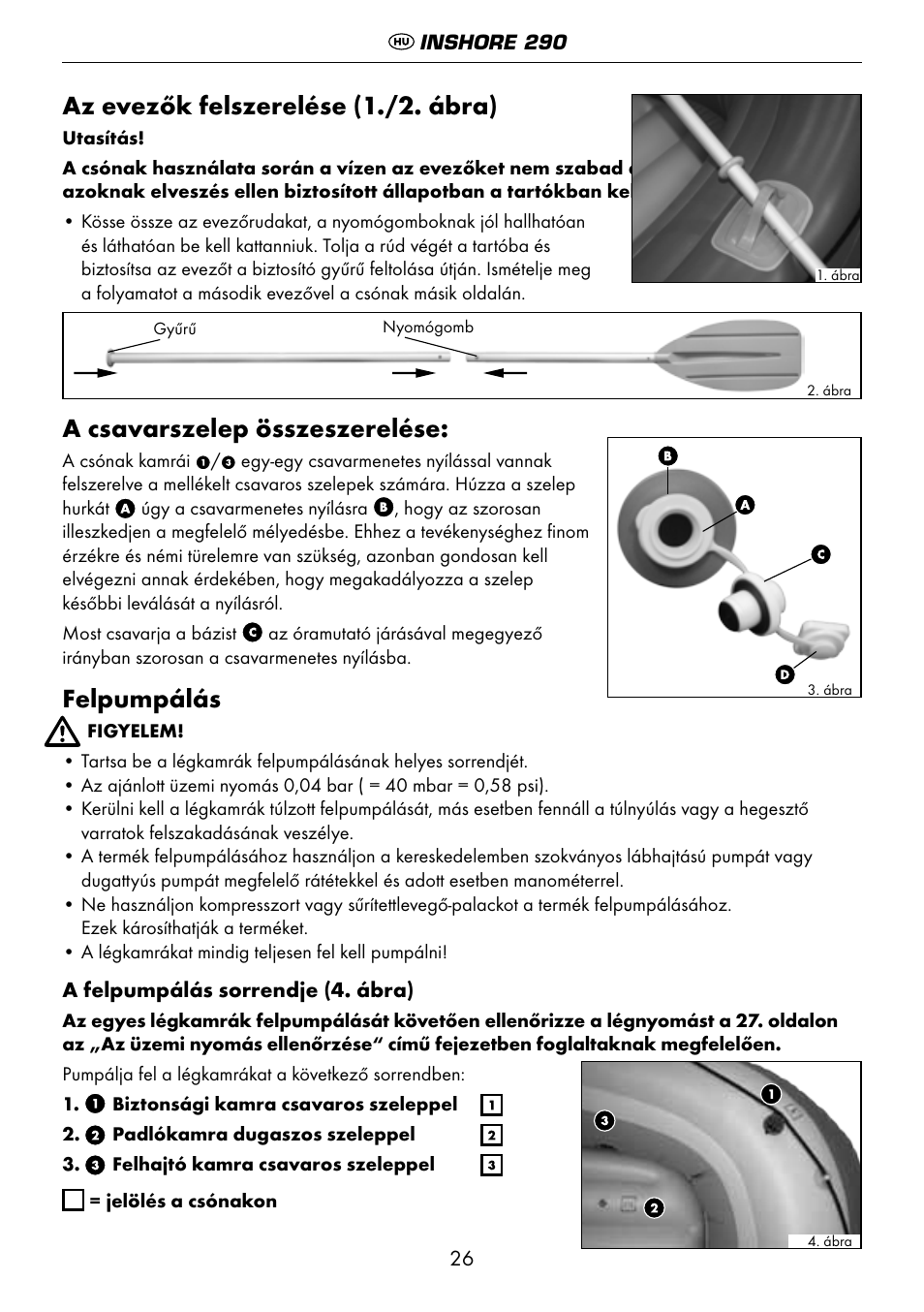 Az evezők felszerelése (1./2. ábra), A csavarszelep összeszerelése, Felpumpálás | Crivit 6-13 User Manual | Page 26 / 64