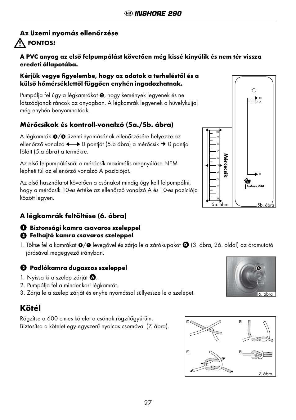 Kötél, Az üzemi nyomás ellenőrzése, Mérőcsíkok és kontroll-vonalzó (5a./5b. ábra) | A légkamrák feltöltése (6. ábra), Inshore 290 | Crivit 6-13 User Manual | Page 27 / 64