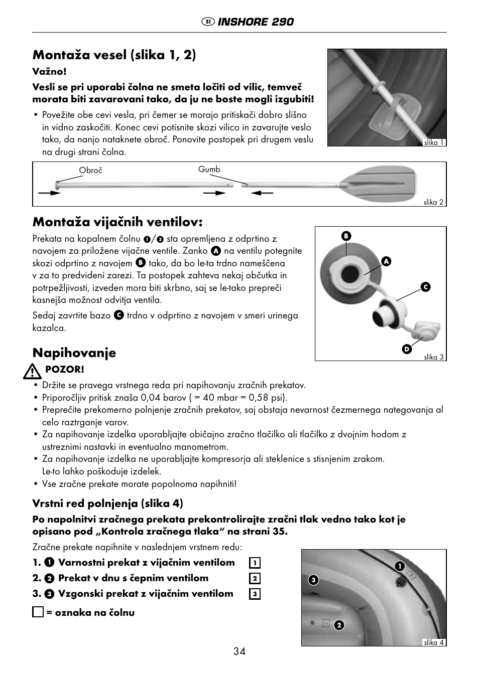 Montaža vesel (slika 1, 2), Montaža vijačnih ventilov, Napihovanje | Crivit 6-13 User Manual | Page 34 / 64