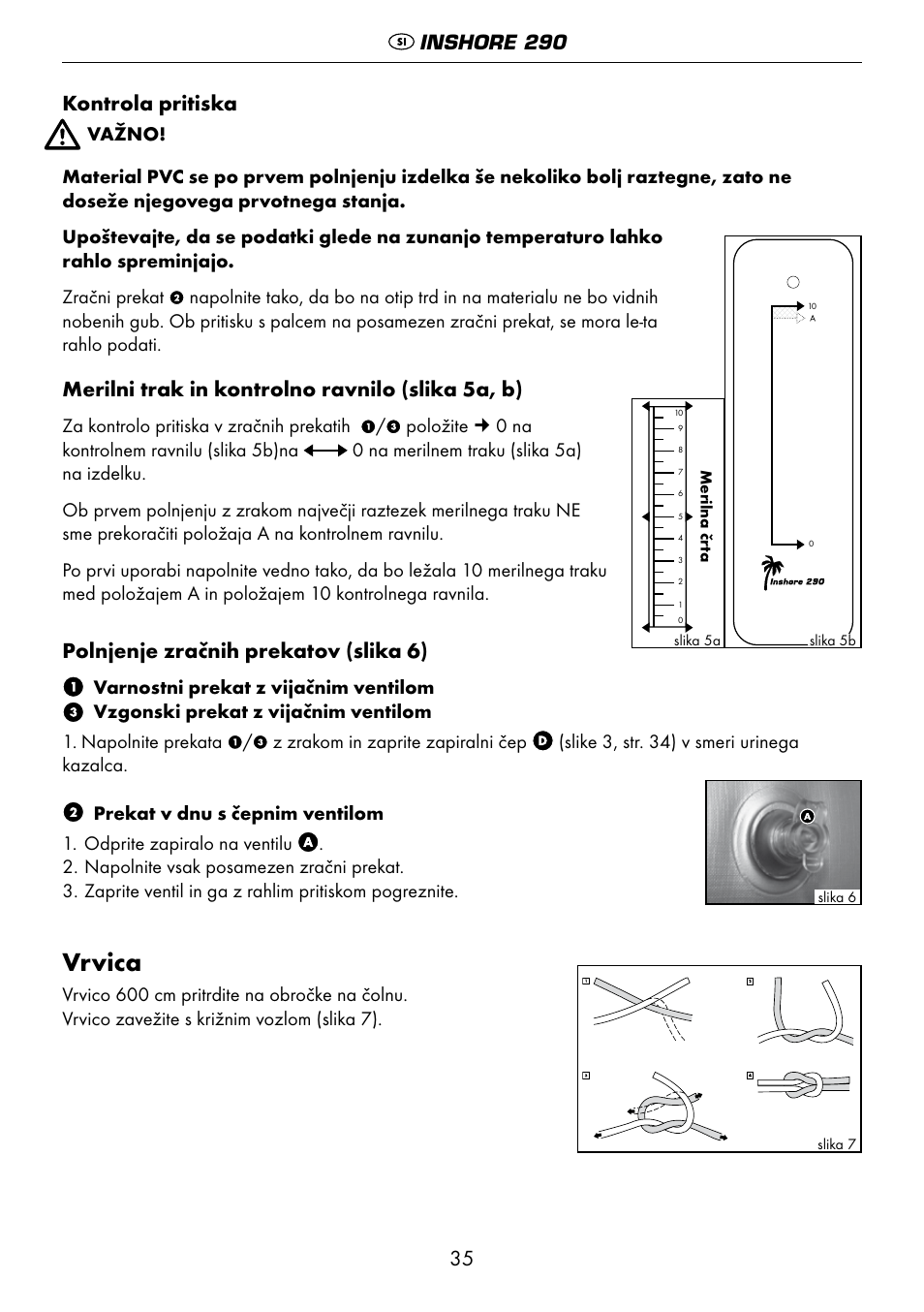 Vrvica, Kontrola pritiska, Merilni trak in kontrolno ravnilo (slika 5a, b) | Polnjenje zračnih prekatov (slika 6), Inshore 290 | Crivit 6-13 User Manual | Page 35 / 64