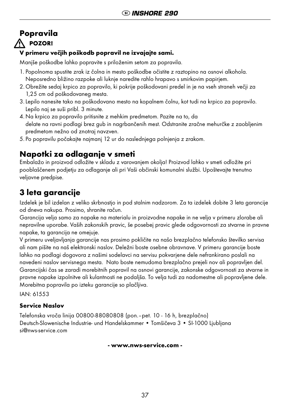 Popravila, Napotki za odlaganje v smeti, 3 leta garancije | Crivit 6-13 User Manual | Page 37 / 64