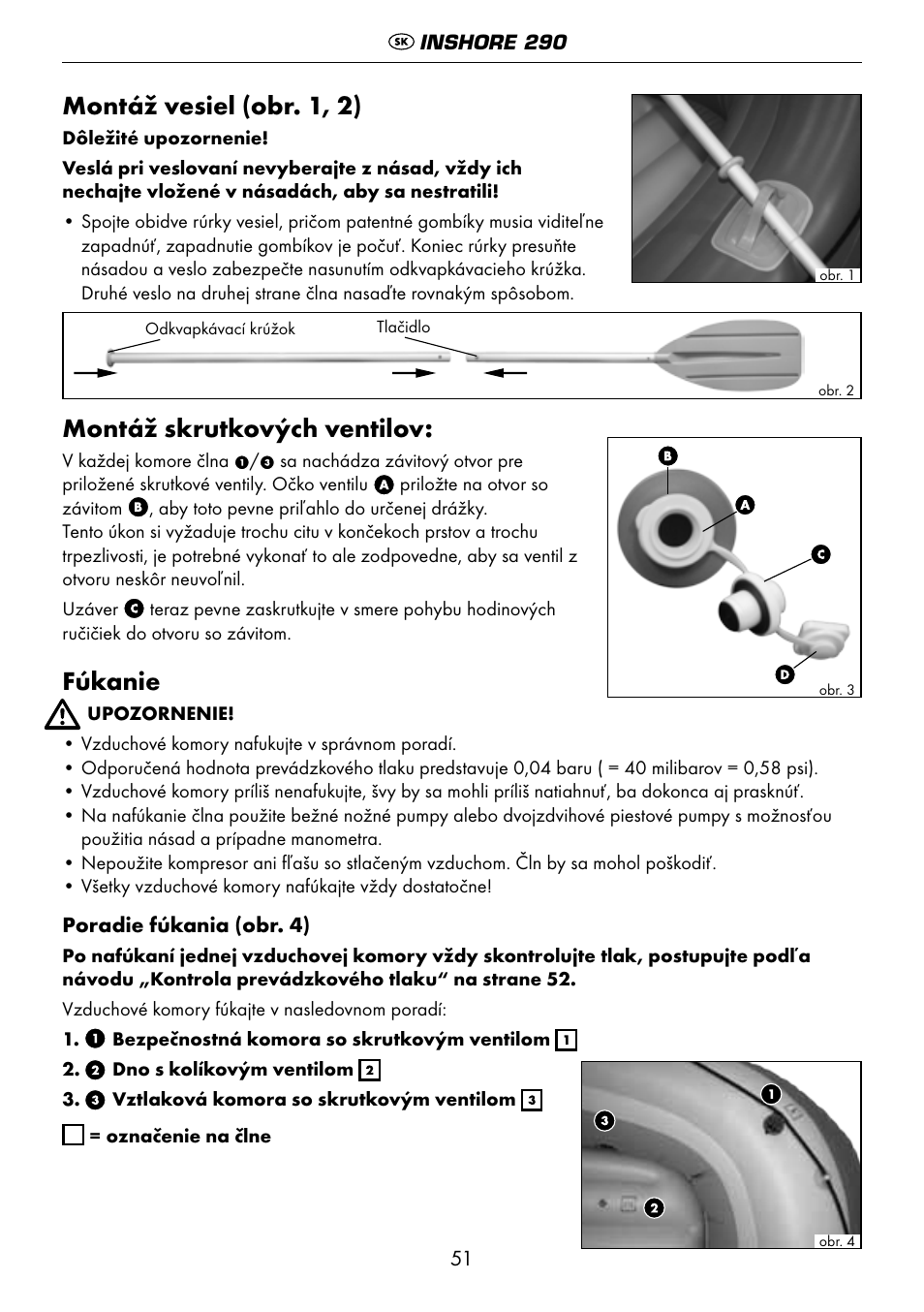 Montáž vesiel (obr. 1, 2), Montáž skrutkových ventilov, Fúkanie | Crivit 6-13 User Manual | Page 51 / 64