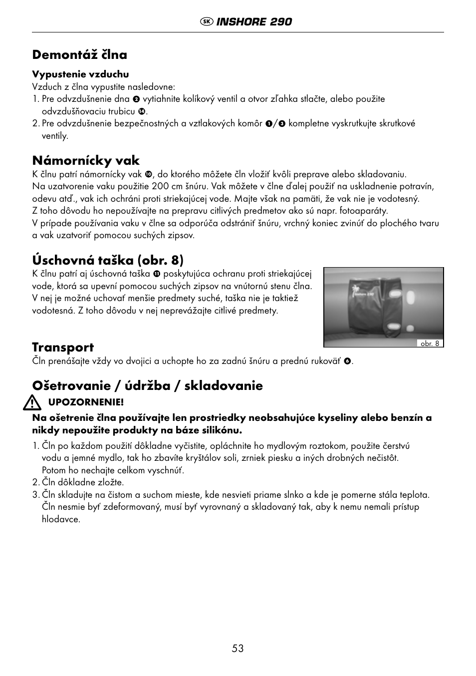 Demontáž člna, Námornícky vak, Úschovná taška (obr. 8) | Transport, Ošetrovanie / údržba / skladovanie | Crivit 6-13 User Manual | Page 53 / 64